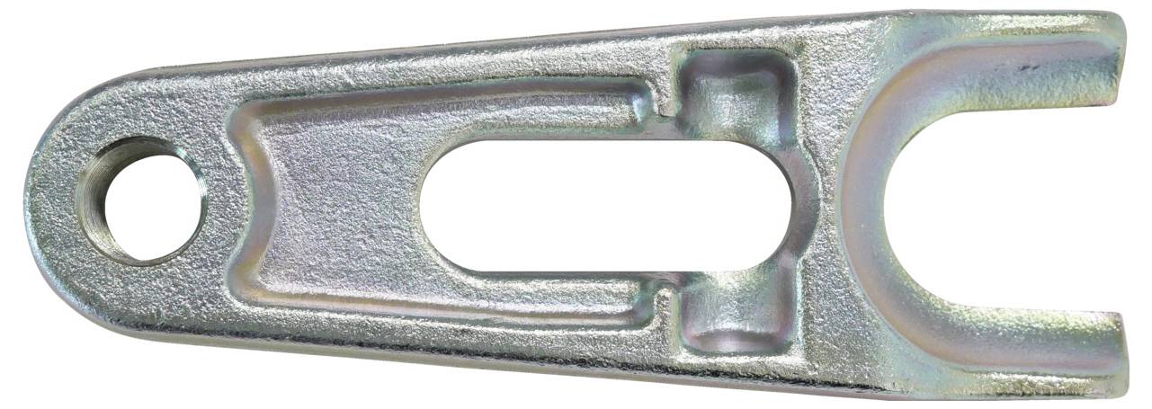 Ein metallisches Gabelauge mit einem Loch an einem Ende und einer U-förmigen Öffnung am anderen Ende, das zum Verbinden von mechanischen Teilen verwendet wird.