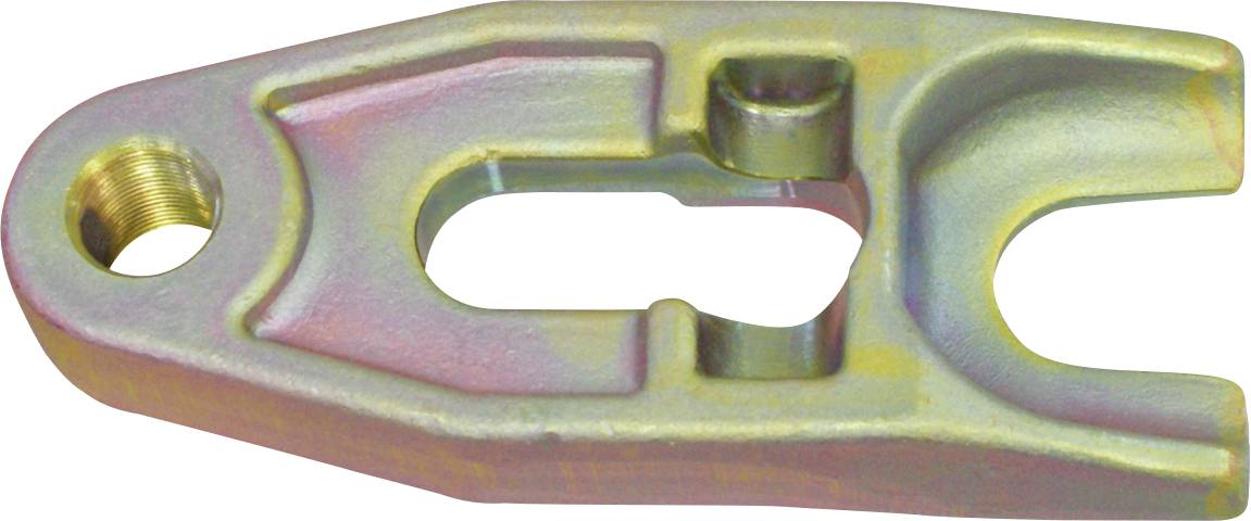 Ein metallisches, industrielles Bauteil mit abgerundeten und eckigen Merkmalen, das ein Gewindeloch und ein gegabeltes Ende aufweist und wahrscheinlich in der mechanischen Montage verwendet wird.