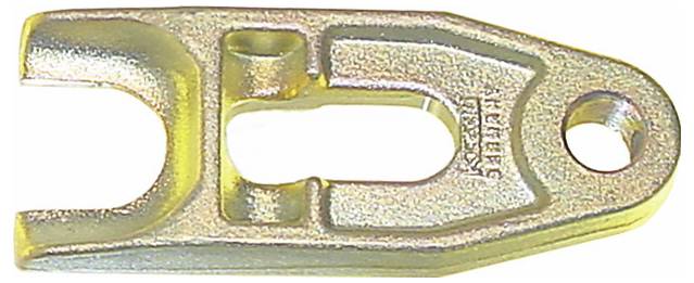 Eine Nahaufnahme eines metallischen Bremsbelag-Distanzhalters eines Autos, vor weißem Hintergrund gezeigt, wobei seine Struktur und das Bolzenlochdesign hervorgehoben werden.