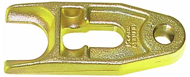 Goldenes metallisches Automobilwerkzeug mit U-förmigem Ende und einem Loch zur Befestigung, entwickelt zum Sichern oder Einstellen von mechanischen Teilen.