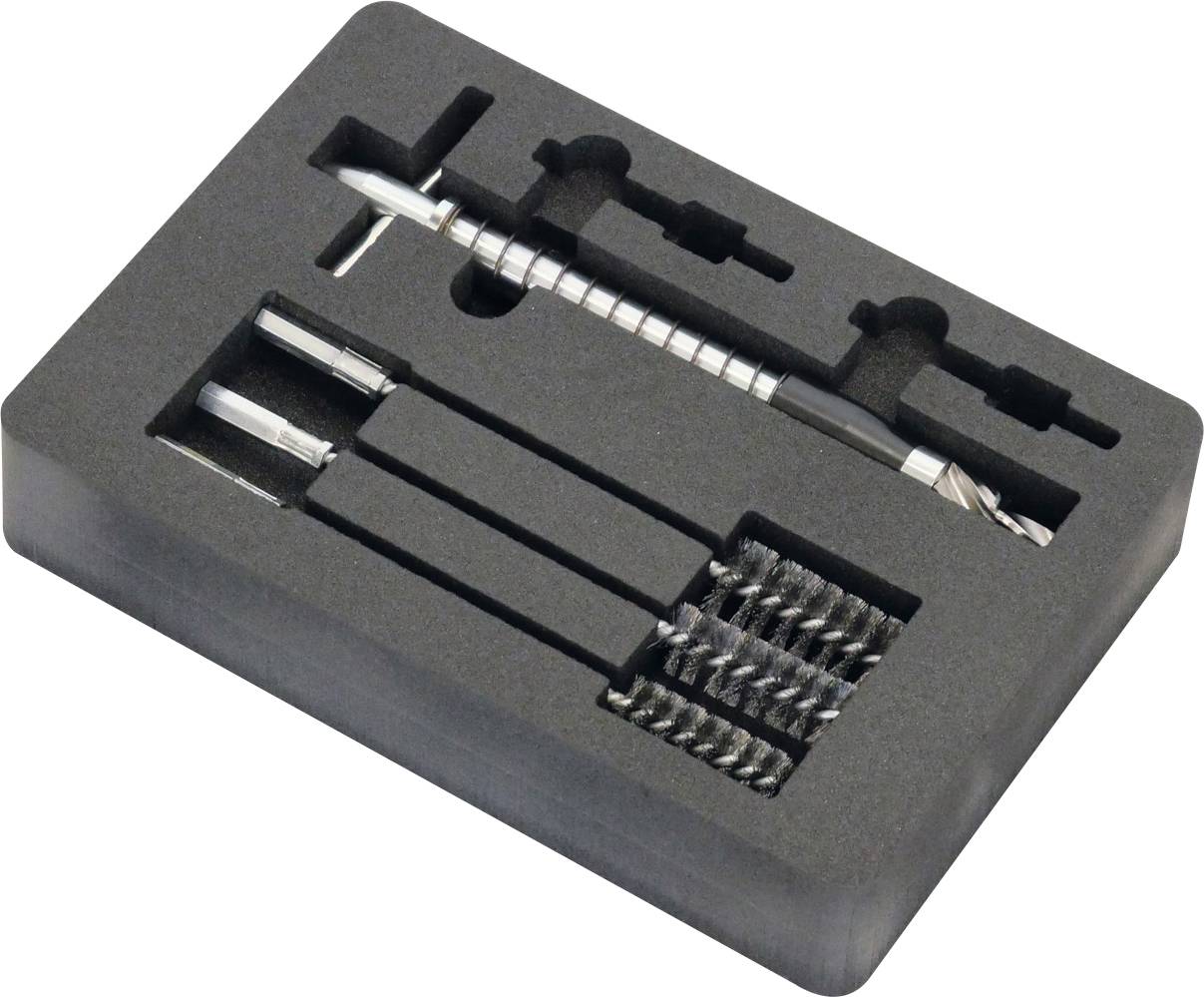 Schwarzes Schaumstoff-Tablett mit einem silbernen Bohrersatz in verschiedenen Größen, organisiert in gekennzeichneten Fächern.