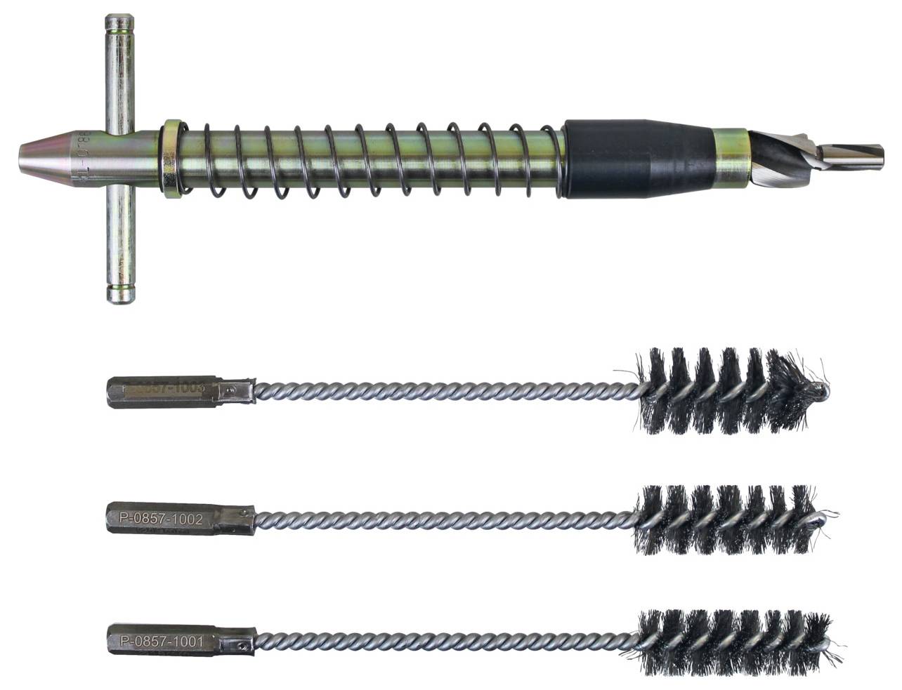 Ein Rohrreinigungswerkzeug mit austauschbaren Bürsten. Das obere Werkzeug hat ein Spiraldesign, darunter werden drei verschieden große Bürsten angezeigt.