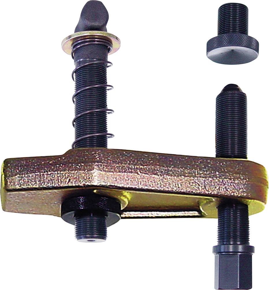 Ein mechanisches Abzieherwerkzeug mit einem Gewindestift und einem T-förmigen Griff. Die Ausrüstung umfasst eine Feder und einen zusätzlichen abnehmbaren Bolzen.