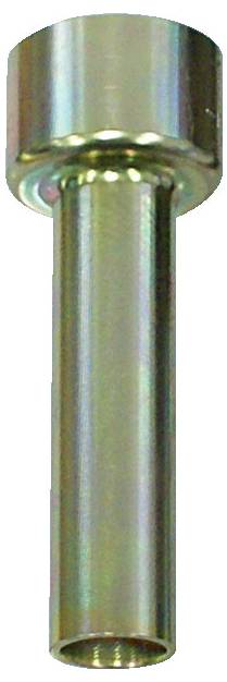 Ein glänzendes Metallrohr mit sechskantiger Steckschachtöffnung, ähnlich einem Stecknussschlüssel-Adapter, vor einem einfachen weißen Hintergrund.