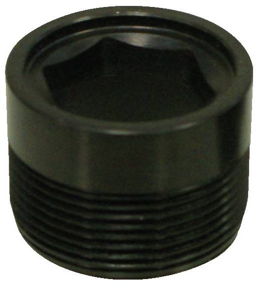 Eine Nahaufnahme einer schwarzen, zylindrischen Kappe mit gerippten Seiten, möglicherweise aus Kunststoff oder Metall gefertigt, die zum Verschließen oder Abdecken einer Gewindebohrung verwendet wird.
