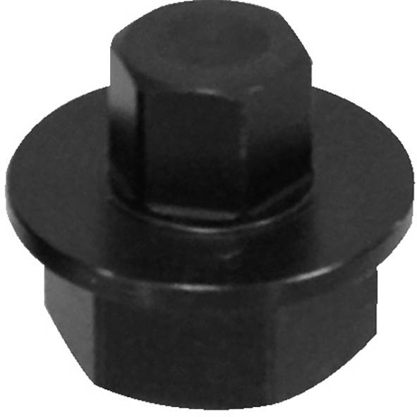 Eine schwarze Metallsechskantmutter mit einem Flansch an der Basis, verwendet zum Befestigen von Gegenständen.