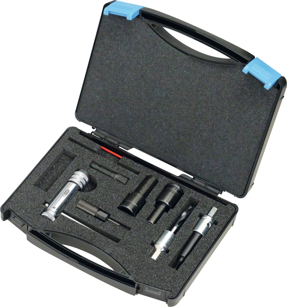 Ein schwarzes Tragekoffer mit verschiedenen Autowerkzeugen ordentlich angeordnet im Inneren. Komponenten umfassen einen Drehmomentschlüssel und mehrere Steckaufsätze.