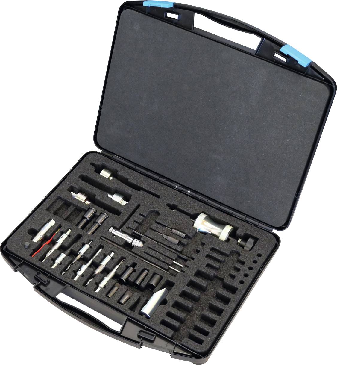 Ein offener schwarzer Werkzeugkoffer mit verschiedenen Schraubenschlüsseln, Schraubendrehern und anderen Werkzeugen, die in Schaumstoffaussparungen organisiert sind.