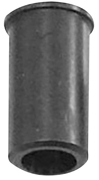 Ein schwarzer zylindrischer Gegenstand mit hohlem Zentrum, der einem Rohr oder einer Hülse ähnelt, auf weißem Hintergrund.