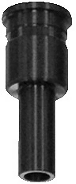 Ein schwarzes mechanisches Teil mit einer zylindrischen Form und einem konischen Ende, ähnlich einer Düse oder einem Adapter, vor einem weißen Hintergrund dargestellt.