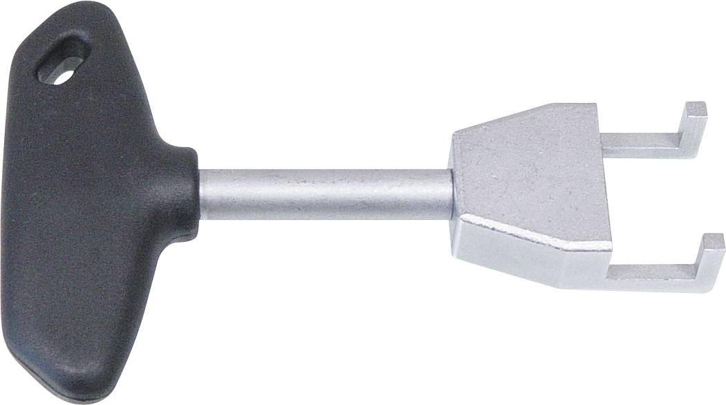 Ein Metallwerkzeug mit schwarzem Kunststoffgriff, das zum Anziehen oder Lockern bestimmter Schraubentypen entwickelt wurde und ein u-förmiges Metallende zum Greifen aufweist.