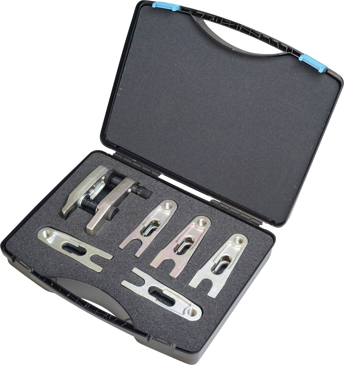 Eine schwarze Werkzeugkiste mit verschiedenen Metallwerkzeugen zur Autoreparatur, einschließlich Gabelzieher und Abzieher, ordentlich in Schaumstoffeinlagen angeordnet.