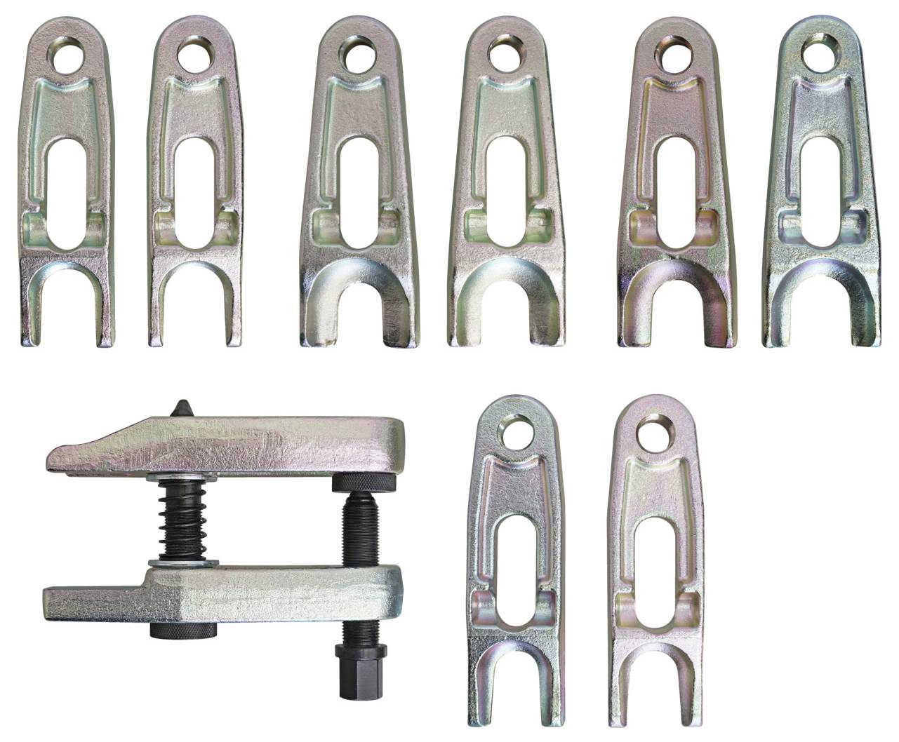 Acht Stahlalternator-Teile, sechs gerade und zwei seitwärts angeordnet, zeigen Bolzen und Schlitze für mechanische Montage und Einstellung.