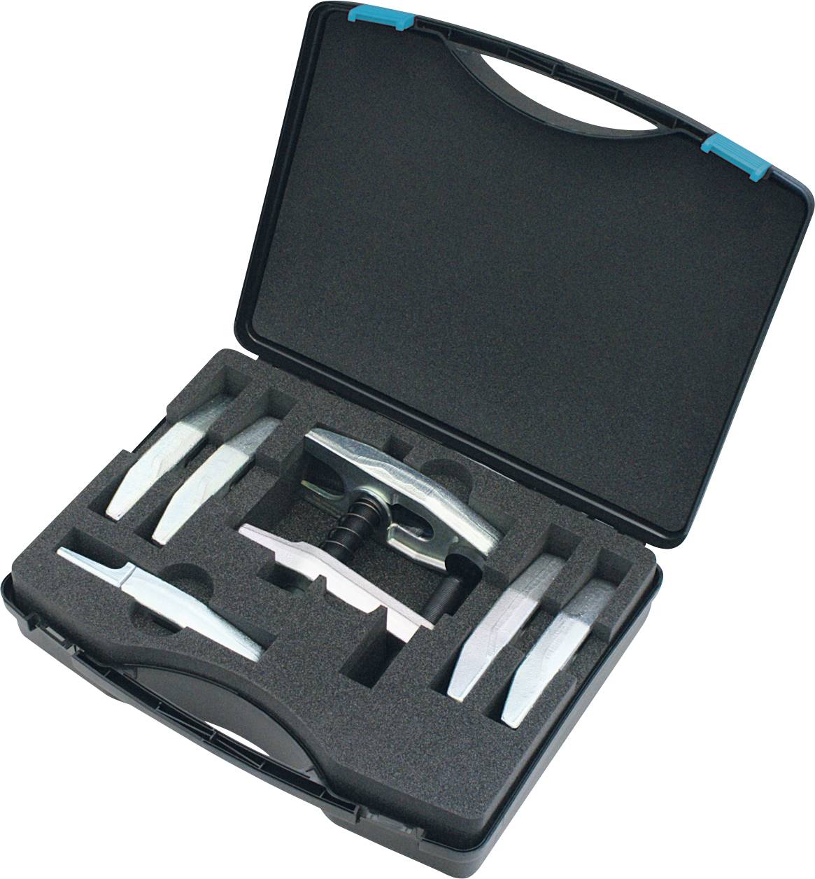 Ein schwarzes Kunststoffgehäuse mit einem Satz von sechs Metallhämmern und Werkzeugen, ordnungsgemäß in Schaumstoffpolsterung angeordnet.