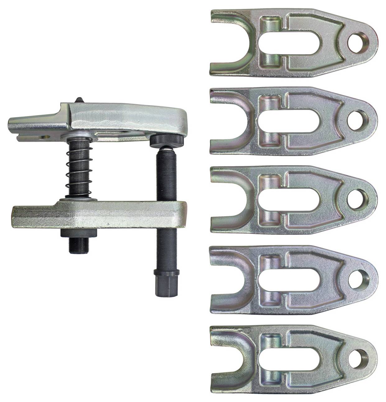 Kugelgelenkabzieher-Set mit einem Hauptwerkzeug und fünf austauschbaren Gabeln für Kraftfahzeugreparaturen.