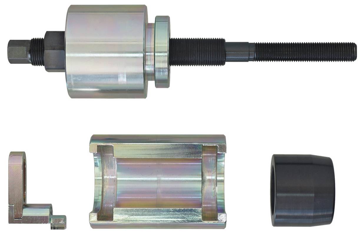Dreiteiliger Satz zur Montage von Innenlagern, bestehend aus einer Gewindestange, einem Gehäuse und einem Ring.