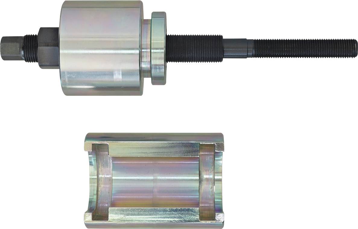 Werkzeugsatz bestehend aus einem Zylinder-Abzieher mit Gewindestange und einer passenden offenen Hülse, verwendet zum Einbau oder zur Demontage von Lagern.