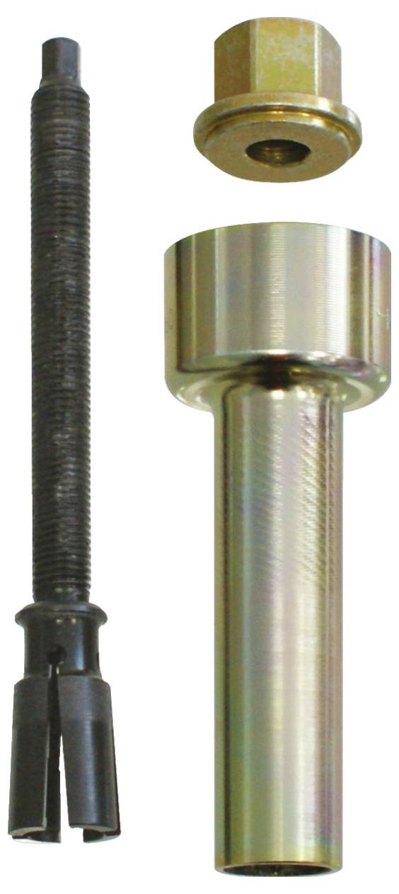 Ein dreiteiliger Automobilwerkzeugsatz mit einer langen Schraube mit gespaltenen Enden, einer tiefen Steckdose und einer Sechskantmutter, die für Autowartungsaufgaben verwendet wird.