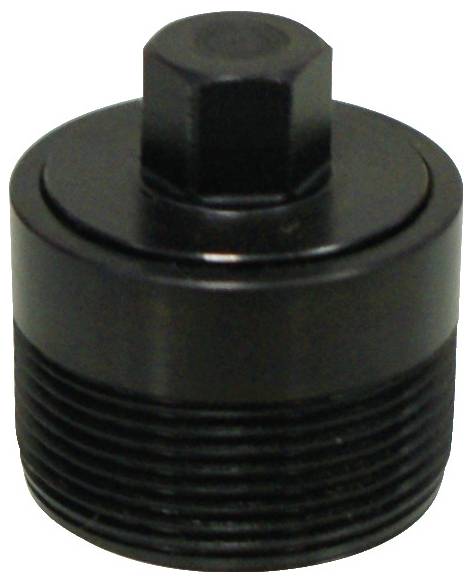 Ein schwarzes metallisches zylindrisches Objekt mit einem sechseckigen Kopf und einer gewindelten Basis, wahrscheinlich ein Werkzeug oder Bauteil für mechanische Anwendungen.