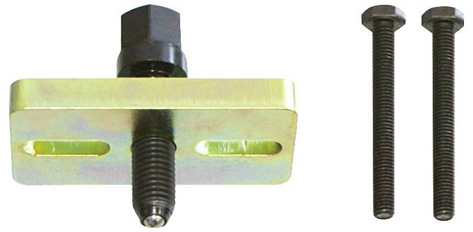 Ein Metallwerkzeug zum Abziehen von Riemenscheiben mit einer zentralen Schraube und zwei Bolzen, das zum Entfernen von fest sitzenden Riemenscheiben von Wellen verwendet wird.