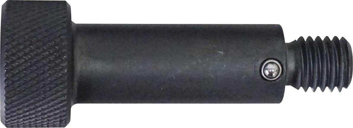 Eine schwarze Metalleinstellschraube mit gerilltem Griff und Gewinde, mit einer kleinen Sicherungskugel an der Seite.