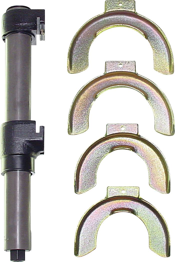 Ventilfedrspannwerkzeug mit vier austauschbaren Halterungen für verschiedene Federngrößen, das in der Wartung von Kraftfahrzeugmotoren verwendet wird.