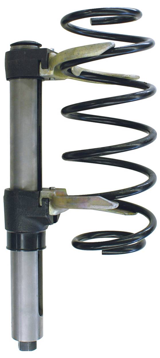 Eine Metallspiralfeder, die auf einer zylindrischen Stange montiert ist, wahrscheinlich Teil eines Federungssystems eines Fahrzeugs. Die Feder ist eng um die Stange gewickelt.