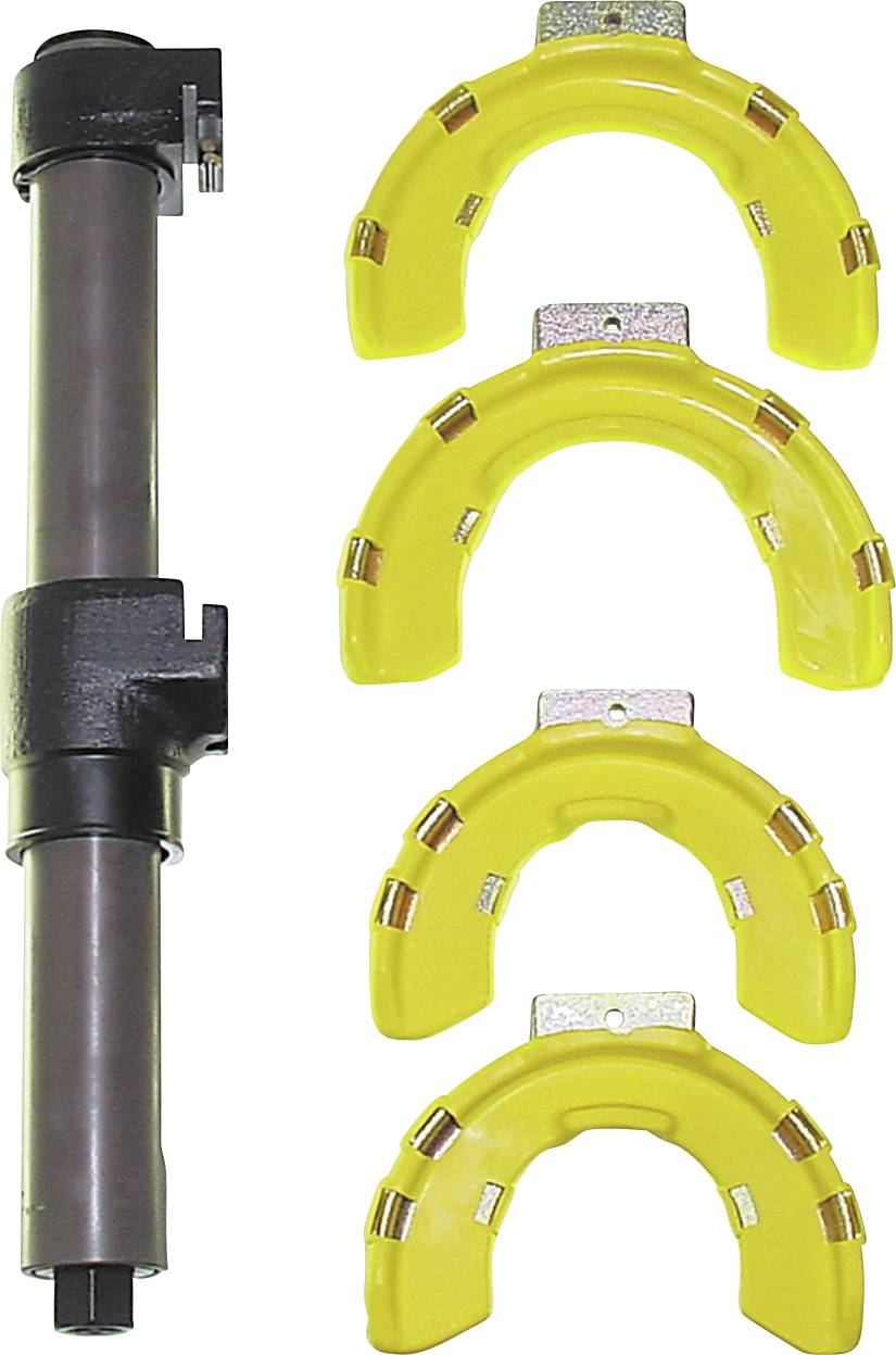 Ein Rohrkantenwerkzeug mit vier gelben Spannzangen, das für die sichere Befestigung während des Rohrschneidens oder der Kantenbearbeitung ausgelegt ist.