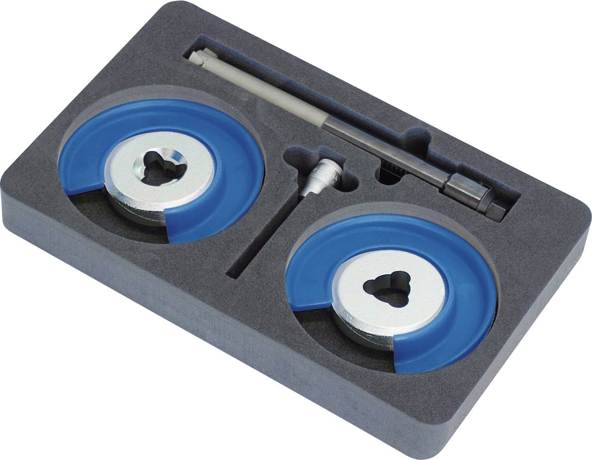 Ein Schaumstoff-Tablett enthält zwei blaue Kreisförmige Werkzeuge und eine Metallstange, was auf einen Werkzeugsatz für spezifische mechanische oder Reparaturarbeiten hindeutet.