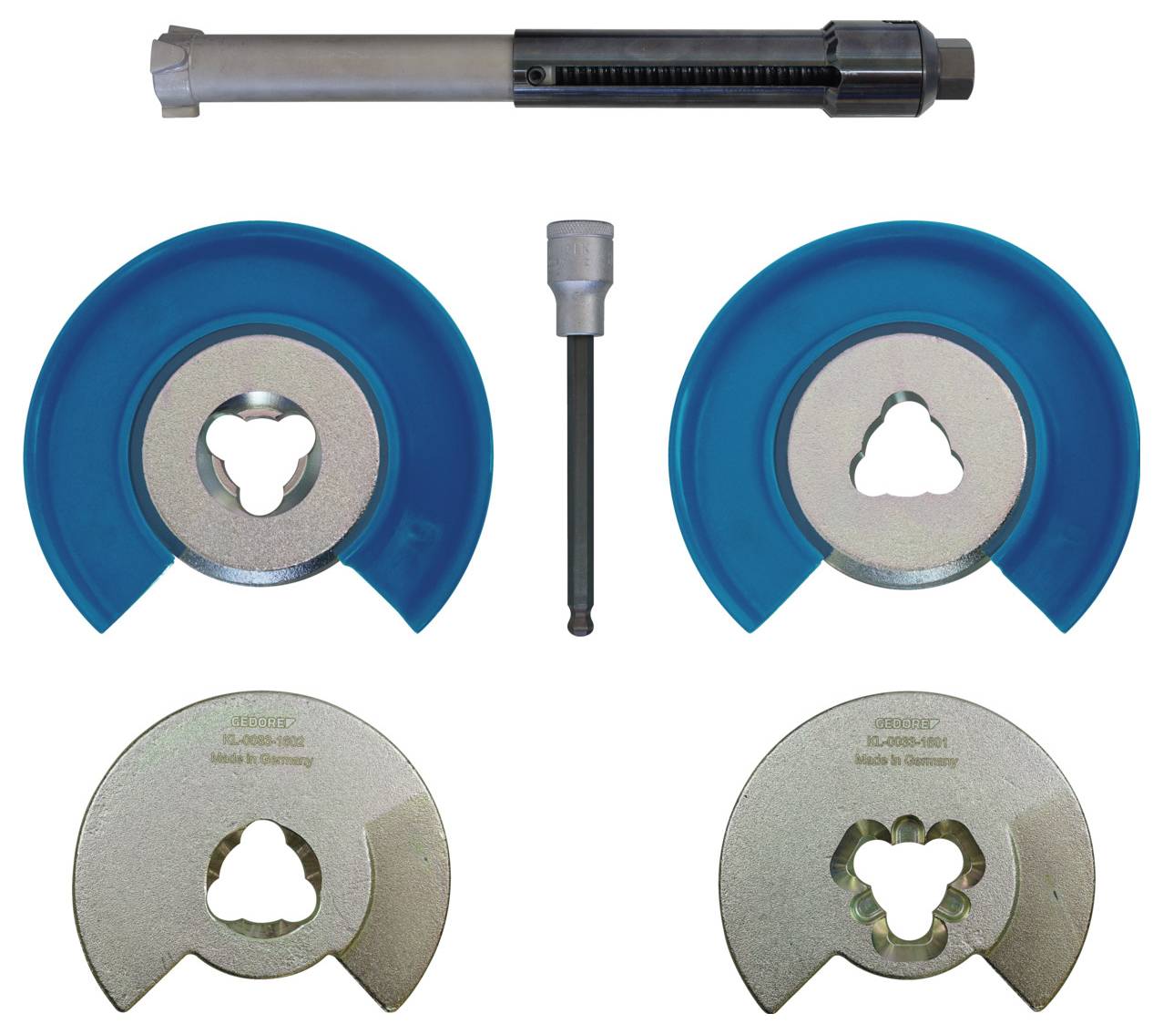 Rohrgewinde-Werkzeugsatz mit einem Schraubenschlüssel, vier Gewindeschneidern mit blauen und silbernen Gehäusen und einem zentralen Adapter, entwickelt für die Verwendung in der Sanitärtechnik.
