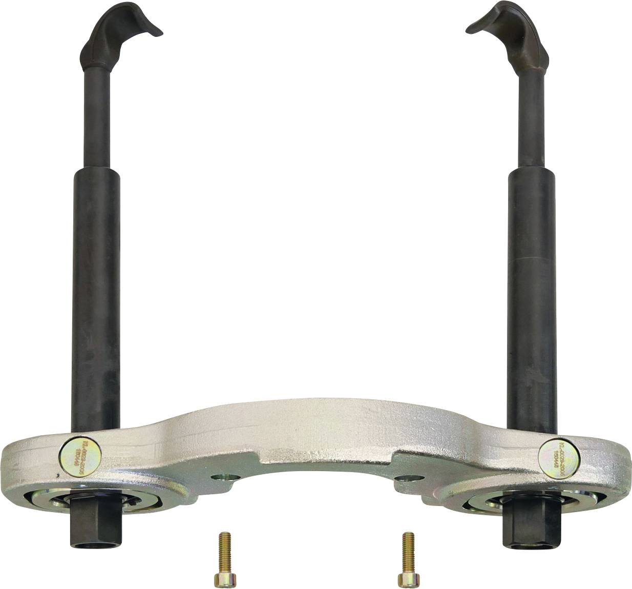 Ein Metallwerkzeug mit zwei schwarzen Griffen und zwei Bolzen darunter, das für mechanische Anwendungen oder Reparaturen verwendet wird.