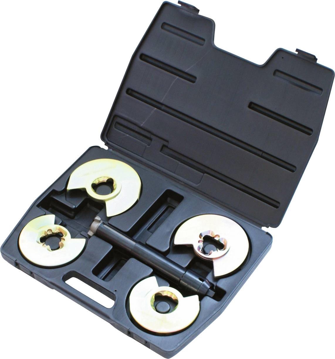 Offener schwarzer Koffer mit vier kreisförmigen Metallwerkzeugen und einer zentralen Stange, verwendet für mechanische Zwecke wie Ausrichten oder Heben.