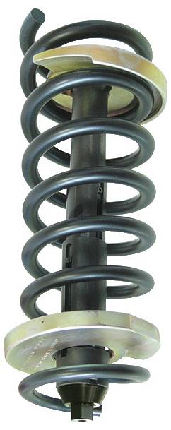 Eine Autokompressionsfeder mit einer Federbeinarweigerung. Die Feder ist schwarz und windet sich spiralförmig um eine Metallstange und hat Metallplatten oben und unten.