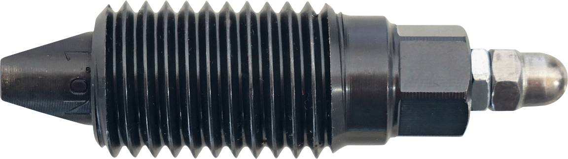 Ein schwarzes Kunststoffgehäuse mit Schaumstoffinnenseite enthält ein metallisches Werkzeug und mehrere Aufsätze, möglicherweise für mechanische oder automobiltechnische Zwecke.