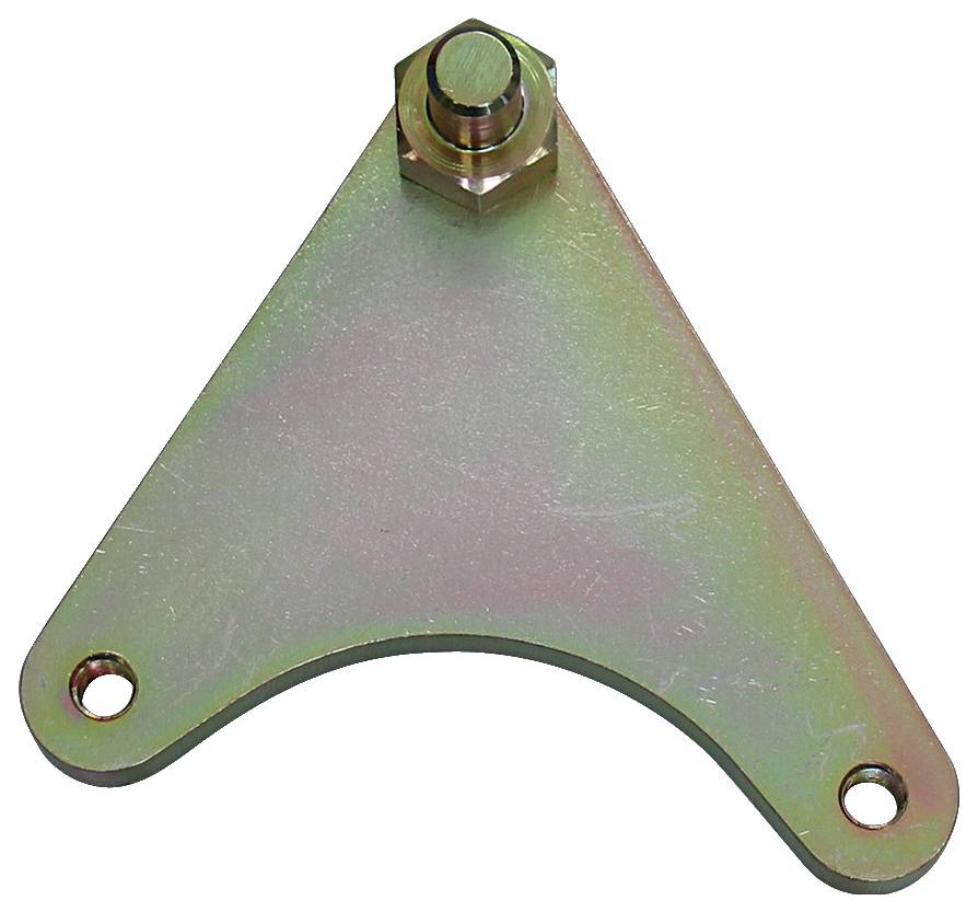 Eine metallische dreieckige Halterung mit einem Bolzen oben und zwei Löchern an den unteren Ecken, verwendet zur Montage oder Unterstützung im Bauwesen.