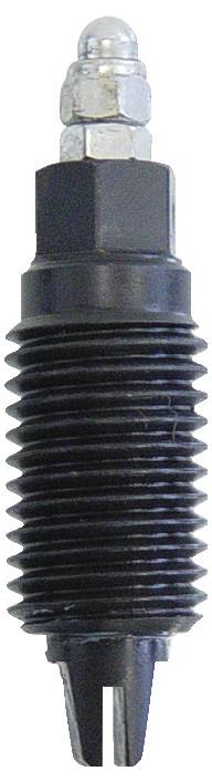 Eine schwarze Schmiernippel mit Gewinde, die häufig zur Schmierung in Maschinen verwendet wird, mit einer glänzenden Metallkappe an der Oberseite.