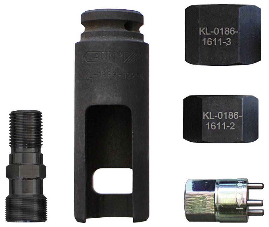 Werkzeuge für mechanische Montage, einschließlich Verbinder und eine zylindrische Komponente, gekennzeichnet mit 'KL-0186-1611-2' und 'KL-0186-1611-3'.