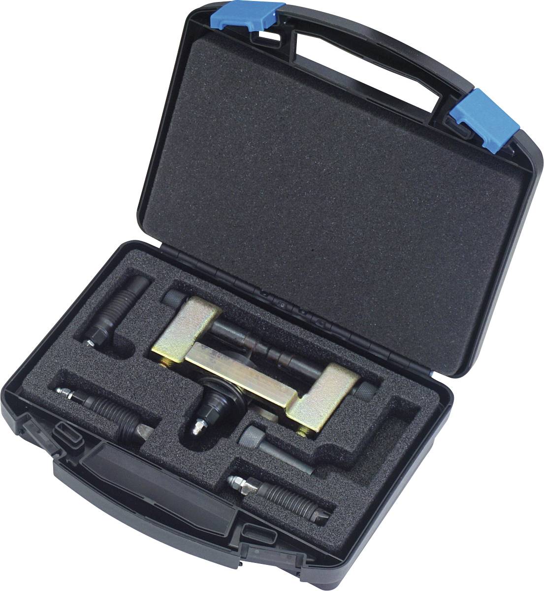 Offener schwarzer Koffer mit einem Kettenbrechergesamtsatz, der verschiedene Metallkomponenten und Schaumstoffausschnitte zur Organisierung enthält.