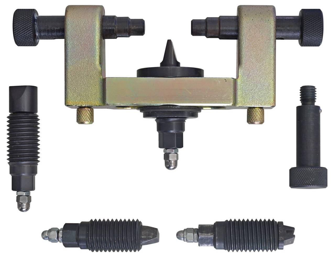 Spannwerkzeug mit verschiedenen mechanischen Teilen, einschließlich verstellbarer Bolzen und Spannvorrichtungen, die um ein zentrales Zahnradkomponent angeordnet sind.