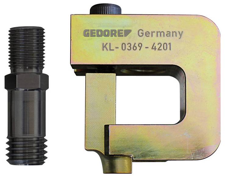 Ein Hydraulikabzieher-Set von Gedore Germany mit der Kennummer KL-0369-4201 auf dem Abzieher. Beinhaltet eine Gewindeschaftkomponente auf der linken Seite.