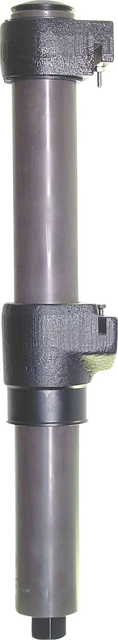 Ein zylindrischer Stoßdämpfer mit zwei offenen Enden und einem zentralen Federmechanismus. Das äußere Gehäuse ist metallisch, glatt und dunkelfarben.