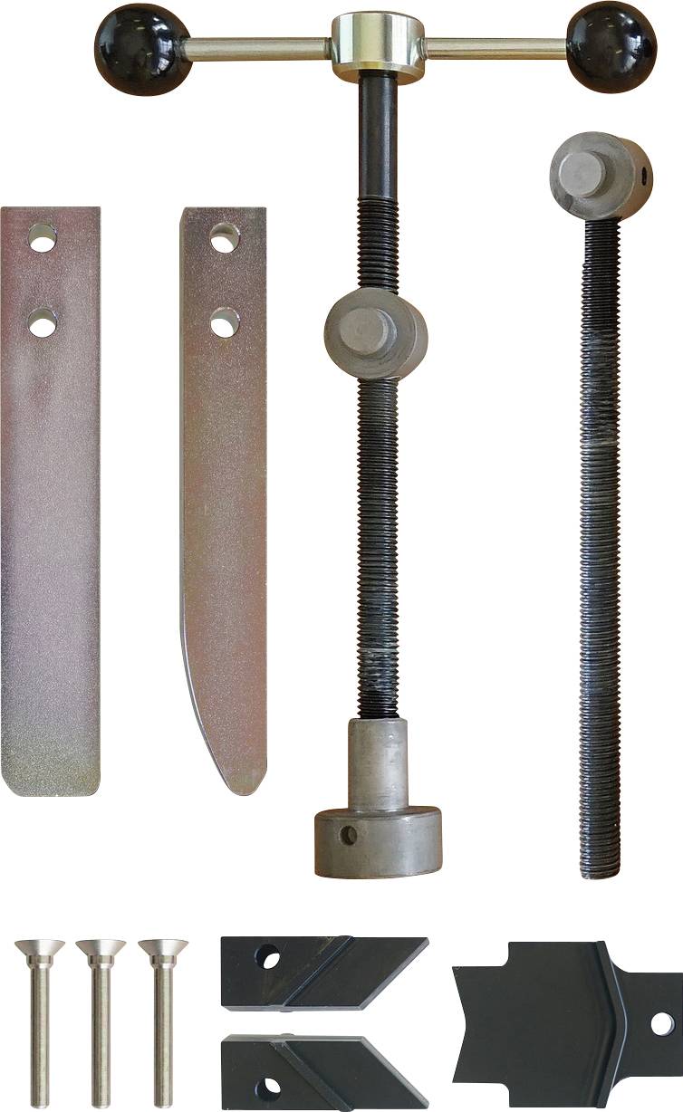 Ein Satz von Karosserie-Reparaturwerkzeugen, bestehend aus zwei Metallstangen, einem Schraubenmechanismus mit Griff, Schrauben und kleinen Befestigungsteilen, ordentlich angeordnet.