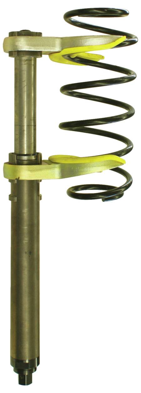 Ein linearer Metallaktuator mit einer Spiralfeder, häufig in Automobil- oder Industrieanwendungen verwendet, auf weißem Hintergrund.