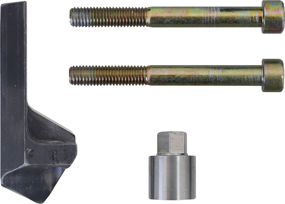 Ein Satz mechanischer Teile, bestehend aus zwei Metallschrauben, einer schwarzen Metallklammer und einem zylindrischen Metallabstandshalter, auf weißem Hintergrund angeordnet.