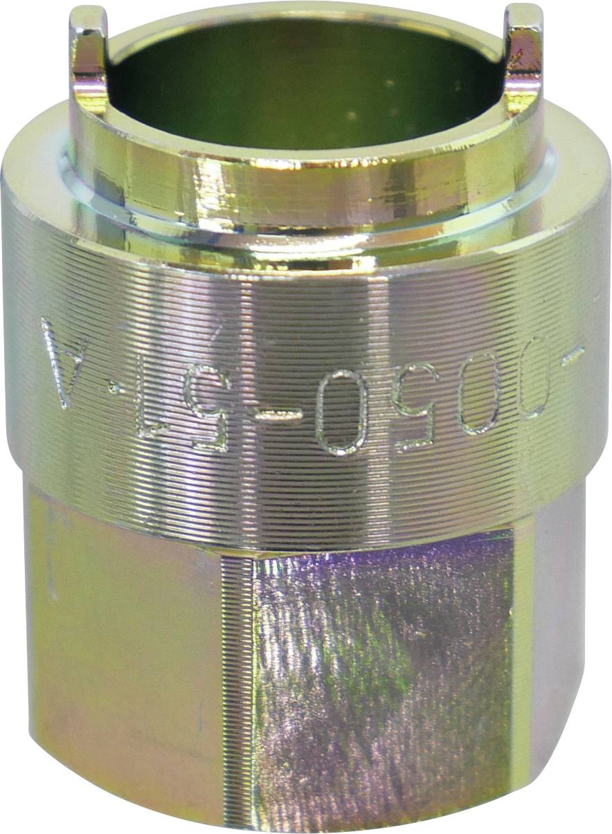 Ein metallisches zylindrisches Werkzeug mit Nuten und eingraviertem Text. Scheint ein spezialisierter Steckplatz oder Adapter zu sein, der in mechanischen Anwendungen verwendet wird.