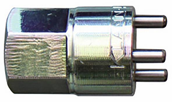 Ein silberner zylindrischer Metallstecker mit drei Stiften, der von einem Ende herausragt, wird für elektrische oder elektronische Ausrüstung verwendet.