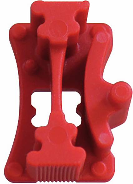 Ein rotes LEGO-Teil mit einer einzigartigen Form, mit mehreren Steckern und einem gekrümmten Abschnitt, das für komplexe Konstruktionen entwickelt wurde.