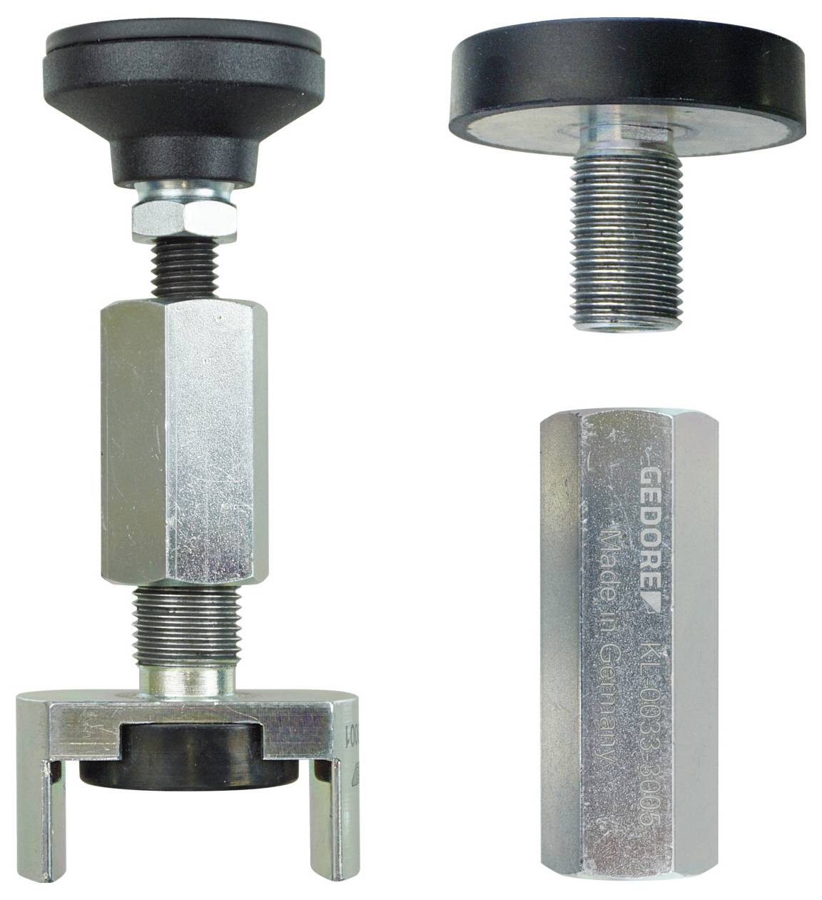 Ein dreiteiliges Automobil-Werkzeugsatz mit Riemenscheibenzieher und Adapter. Der Satz zeigt die Komponenten in einem vertikalen Layout.