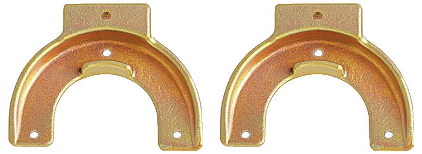 Zwei metallische, U-förmige Halterungen mit goldfarbener Oberfläche, die jeweils drei Montagelöcher aufweisen.