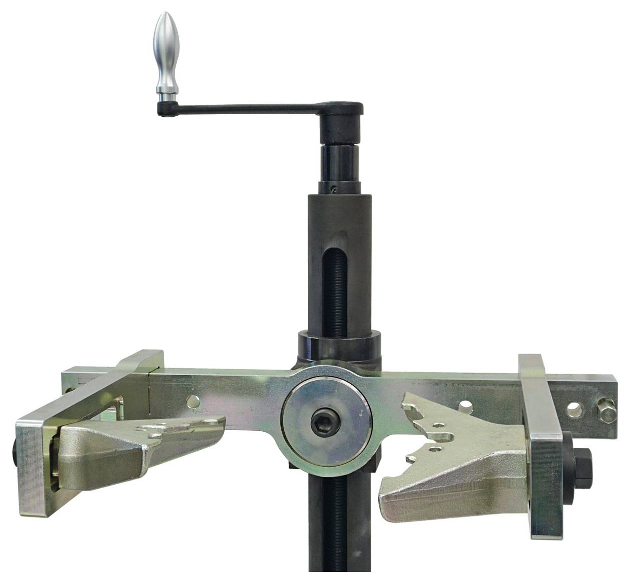 Verstellbare Rohrhalterung mit Kurbel zum Sichern von Rohren bei Wartungs- oder Reparaturarbeiten.